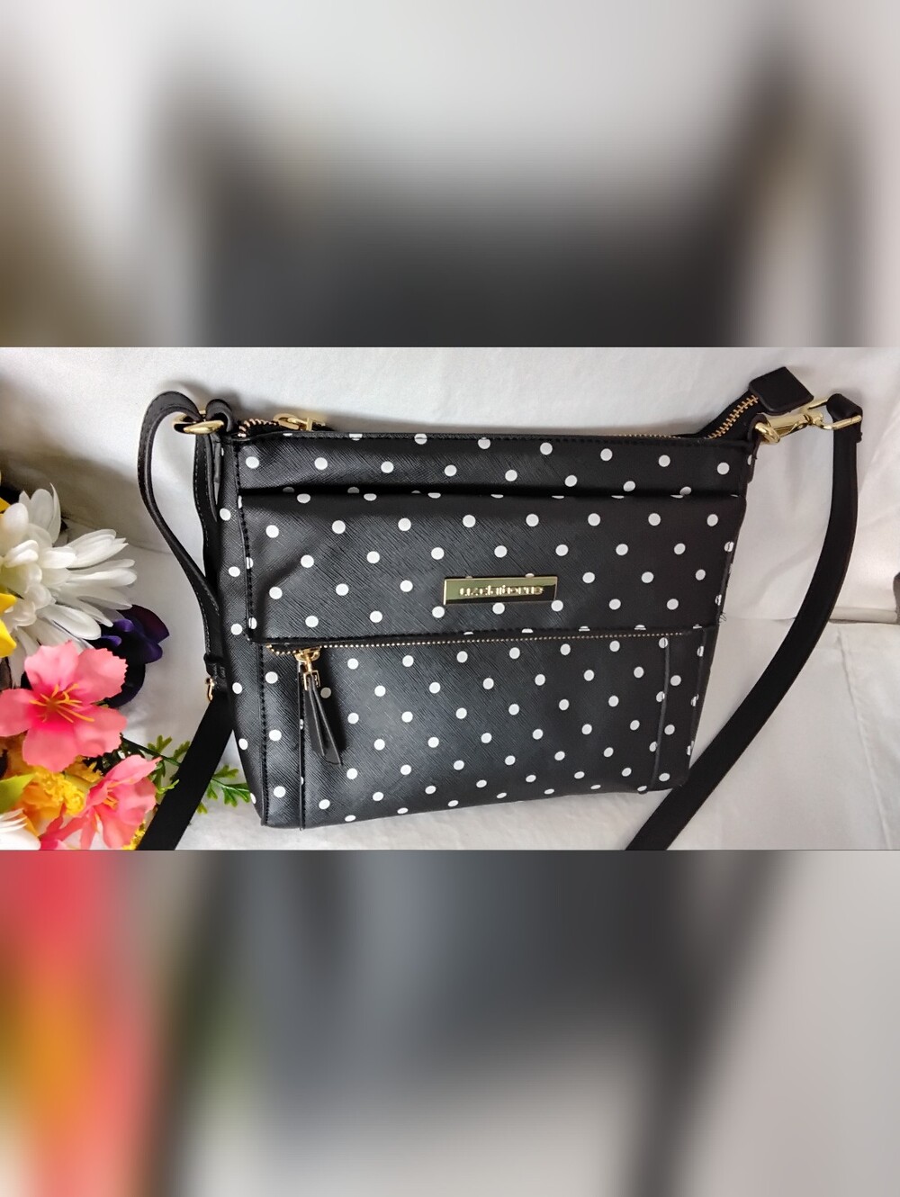 Liz Claiborne Black and White Polka Dot Crossbody Bag with Gold Hardware